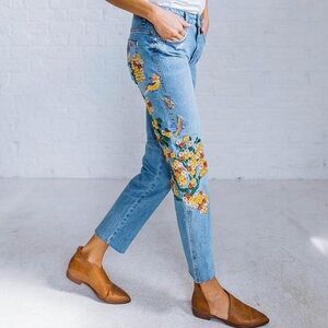 Free People Blue Floral Embroidered Cropped Jeans